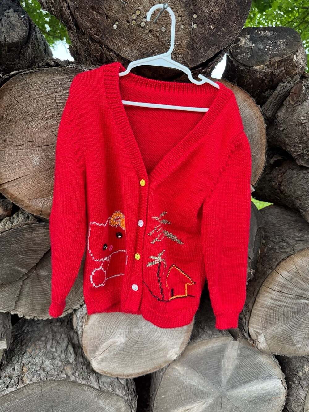 Vintage Hand Knitted Red Cardigan Sweater with Embroidered Kitty Cat Design